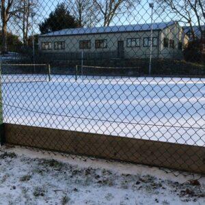 Snow on the tennis courts at Rookwood School, Wiltshire.